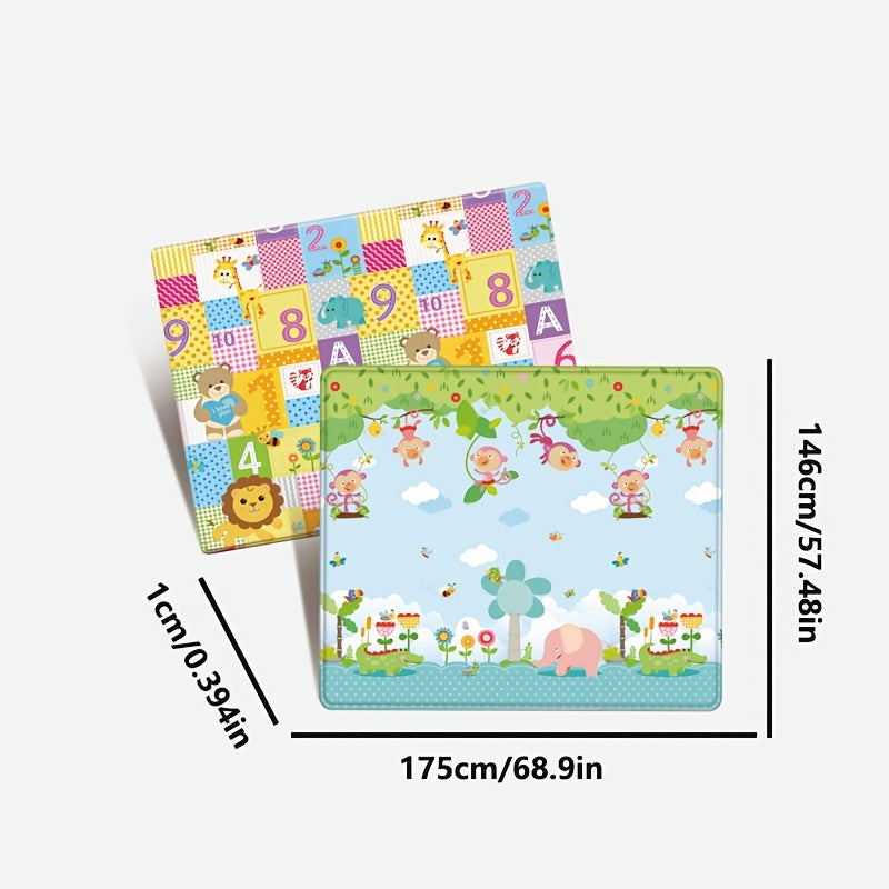 Large blue play mat with playful animal and toy design, suitable for indoor and outdoor use. Ideal for modern living spaces.