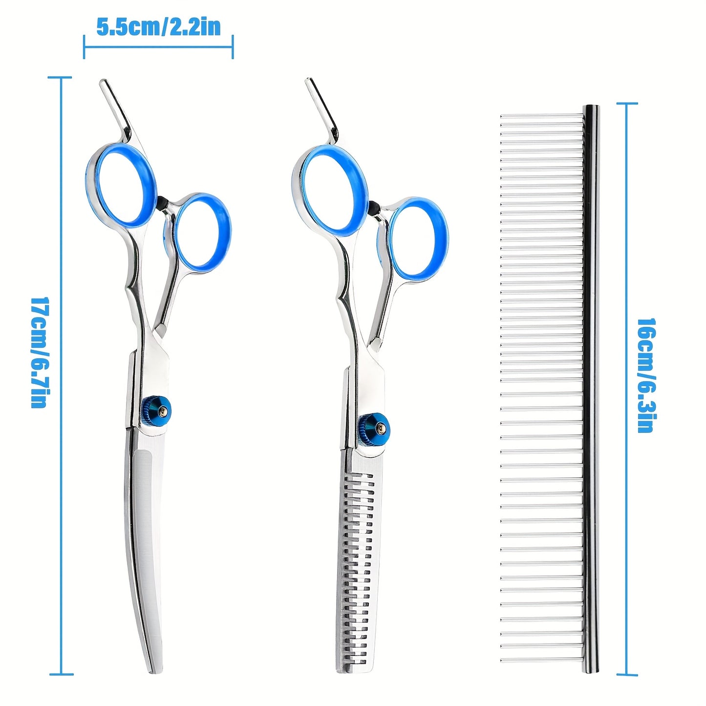 Pet grooming set includes blue trimming scissors, professional grooming scissors, curved scissors and combs, all made of stainless steel for dogs.