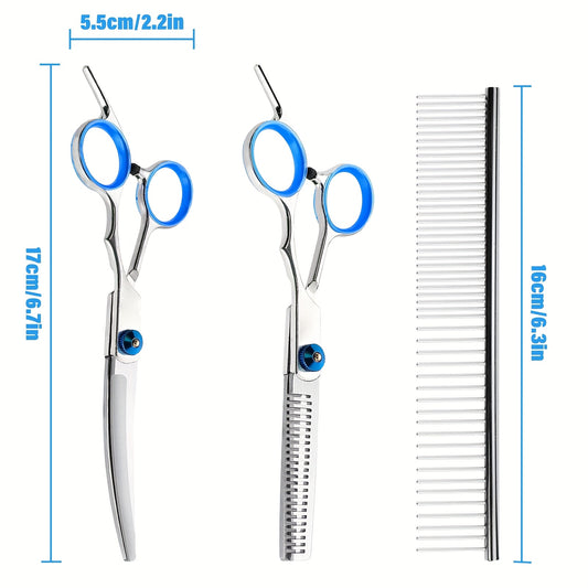 Pet grooming set includes blue trimming scissors, professional grooming scissors, curved scissors and combs, all made of stainless steel for dogs.