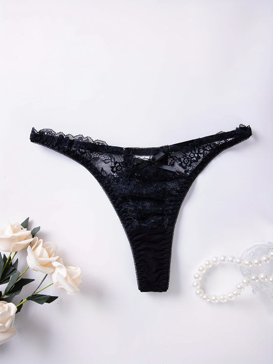 Women's sexy lingerie and underwear, featuring floral lace thongs and low waist bow tie panties with cut-out details.