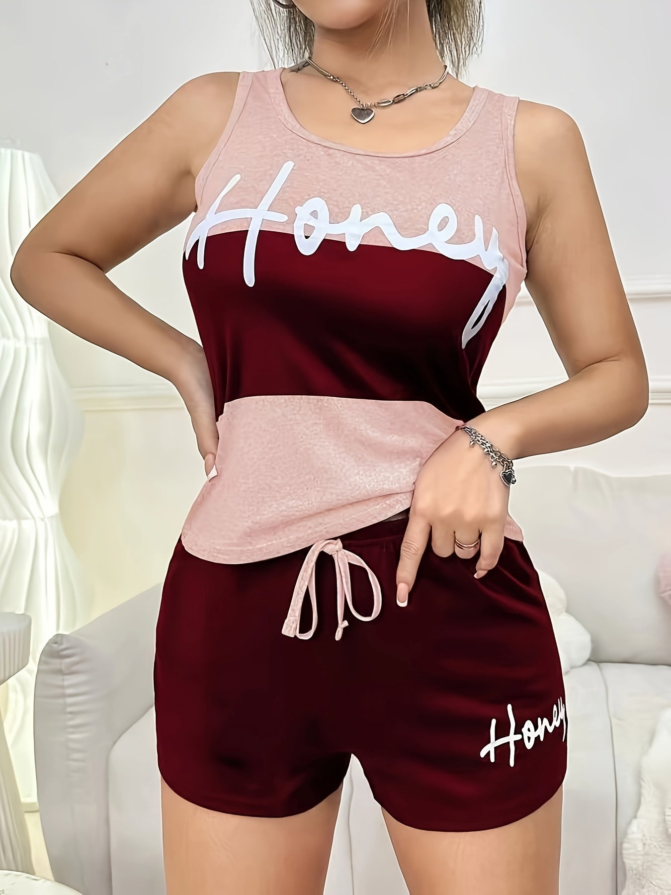 Women's Casual Letter Print Tank Pajama Set - Comfortable Polyester Blend, Non-See-Through, Summer Sleepwear with Drawstring Shorts