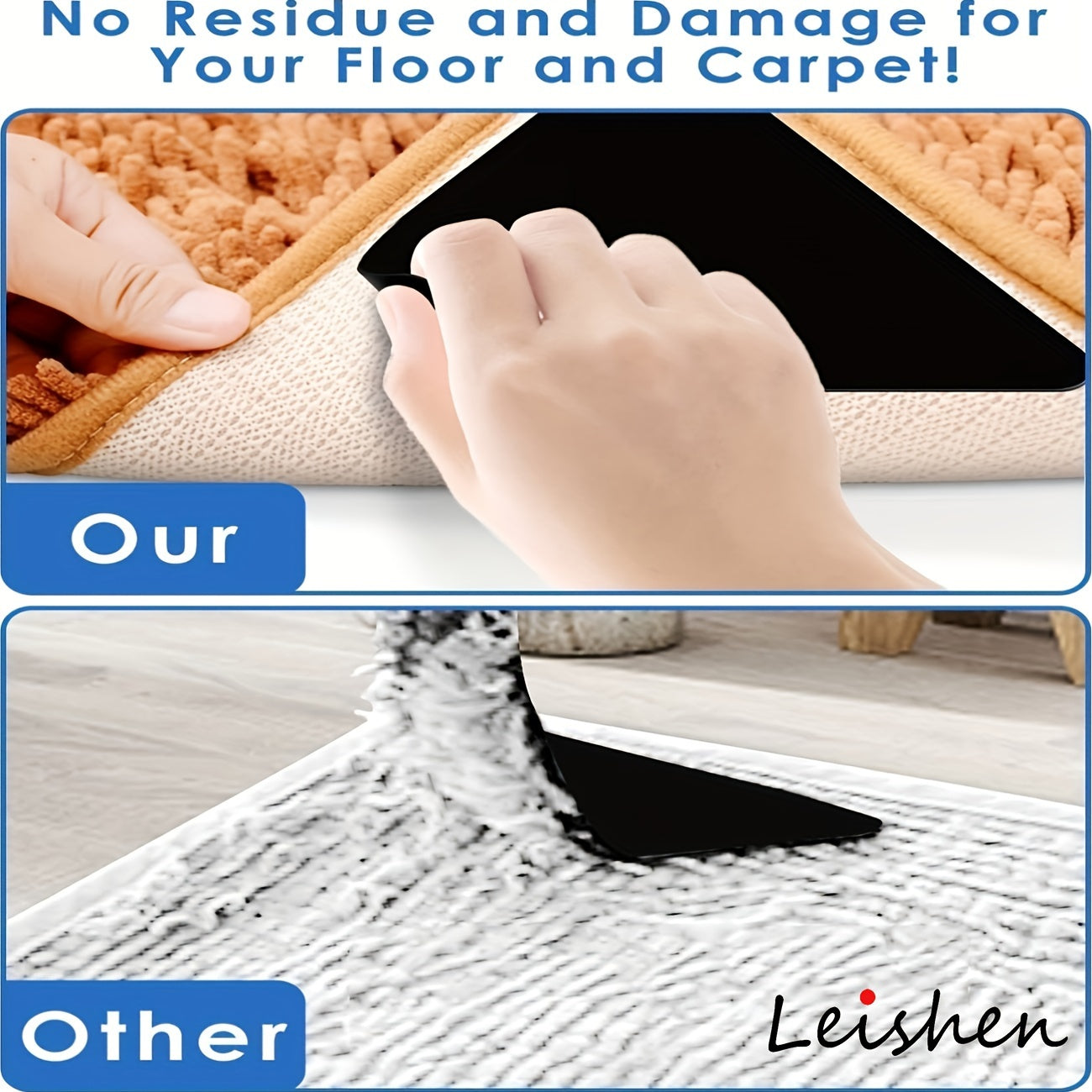 Get 8 pieces of Pridola Silicone Non-Slip Carpet Grippers for your hardwood floors, tiles, and mats. These reusable adhesive rug corner clips are perfect for your living room, bedroom, or any indoor use. They are easy to peel and stick, leaving no