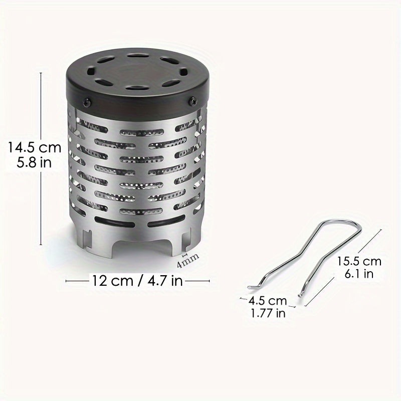 Compact stainless steel camping heater suitable for various stove heads, ideal for outdoor activities such as hiking and fishing.