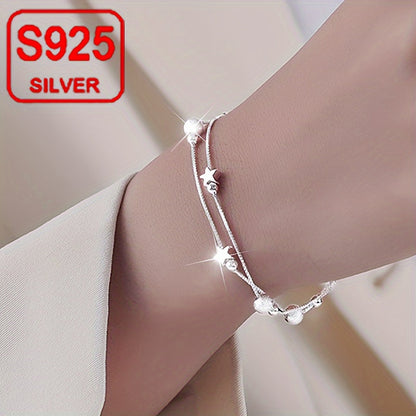 Double-layer Star Hypoallergenic Bracelet in 925 Silver for Women, Stylish Retro Luxury Design. Perfect for Mother's Day or Music Festival. Comes in an Anti-oxidation Gift Box.