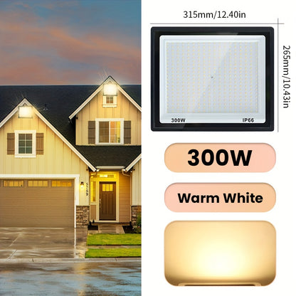 Aluminum LED floodlight suitable for outdoor use, ranging from 10-300W. Ideal for garden or playground lighting.