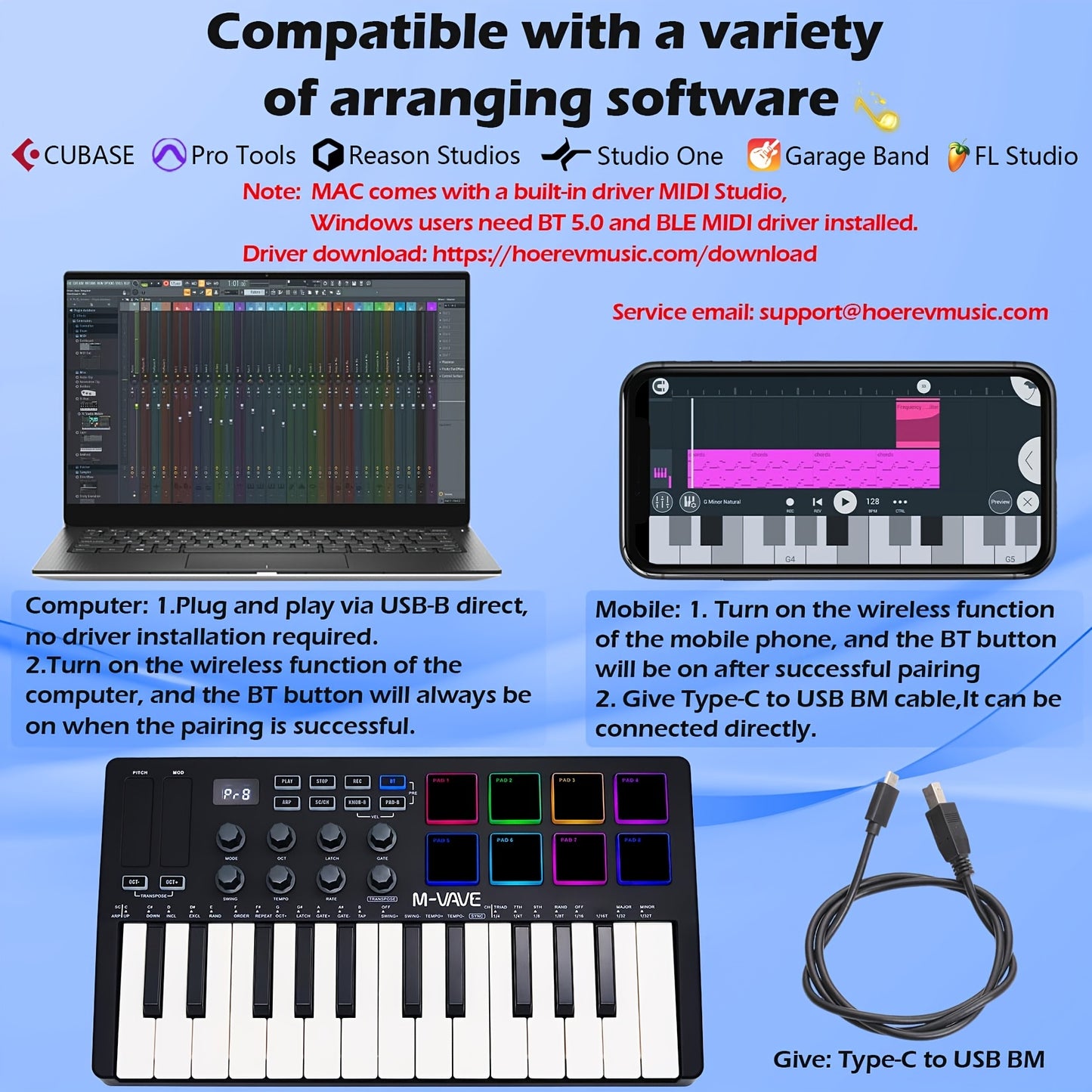 Профессиональная MIDI-клавиатура с 25 клавишами, 8 подсвеченными ударными пэдами и встроенной батареей для беспроводного подключения, идеальна для музыкального производства.