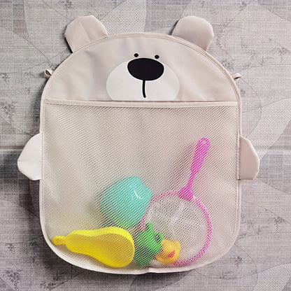 Penguin, hamster, and bear design bathroom storage organizer with water resistant mesh, suction cups for shower, and plastic hanging bag.