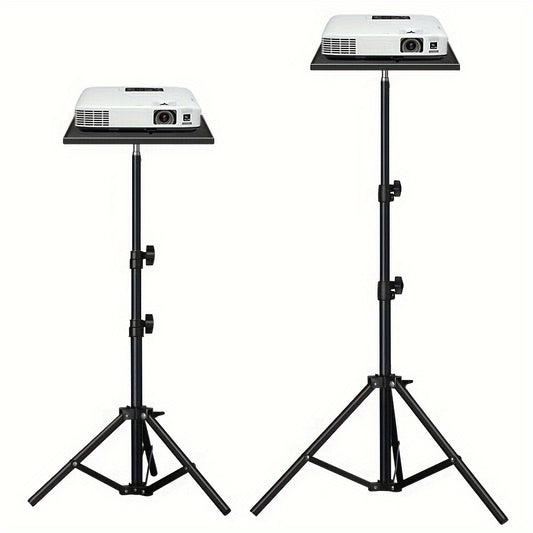 Portable adjustable projector stand with tray in black and white design. Foldable tripod suitable for desk or floor use. Iron construction for sturdy support. Easy to store, three-legged