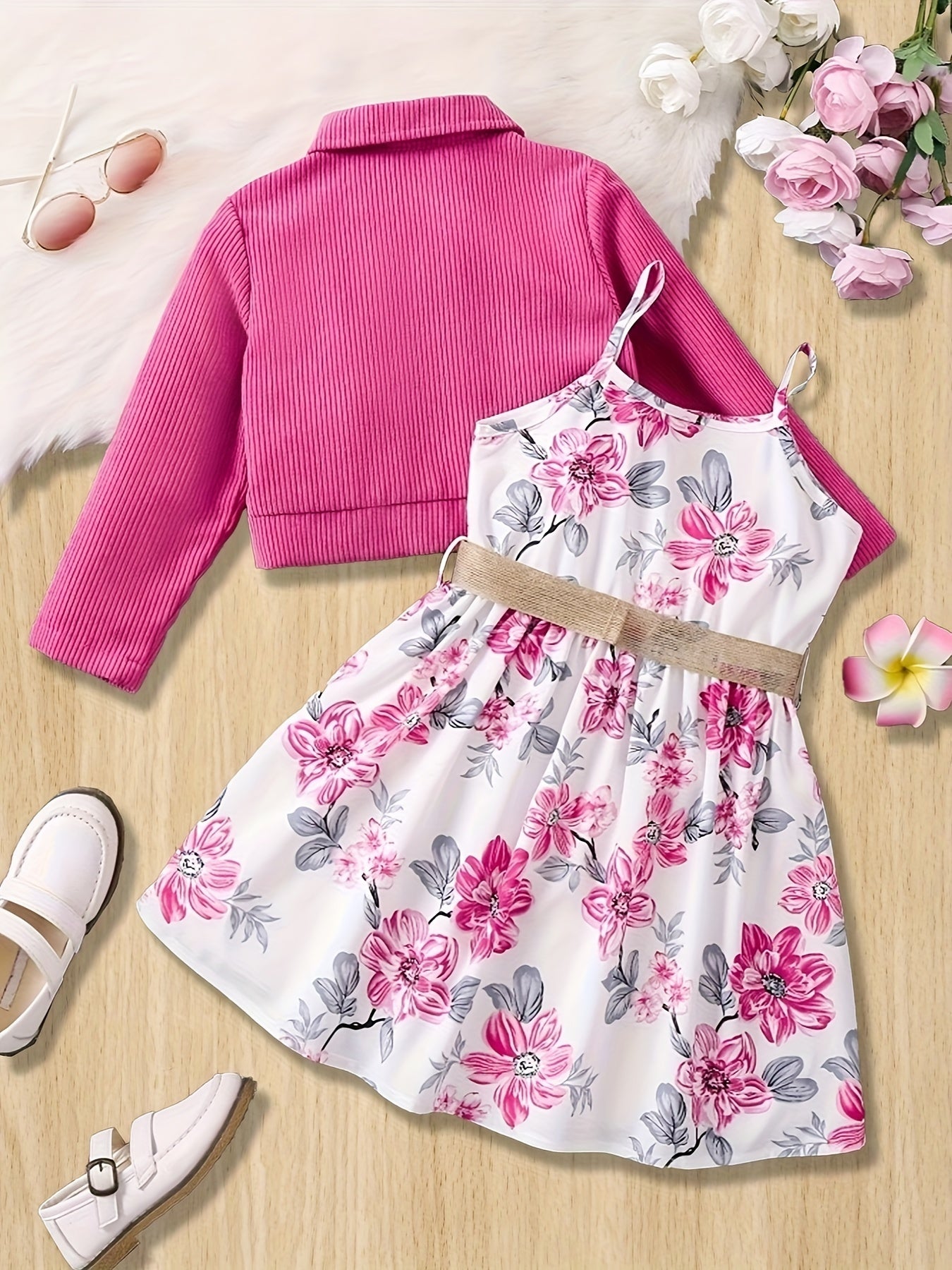 2PCS Girl's Stylish & Trendy Casual Outfit: Ribbed Corduroy Jacket, Floral Cami Dress, and Belt for Outdoor Spring & Fall Party.