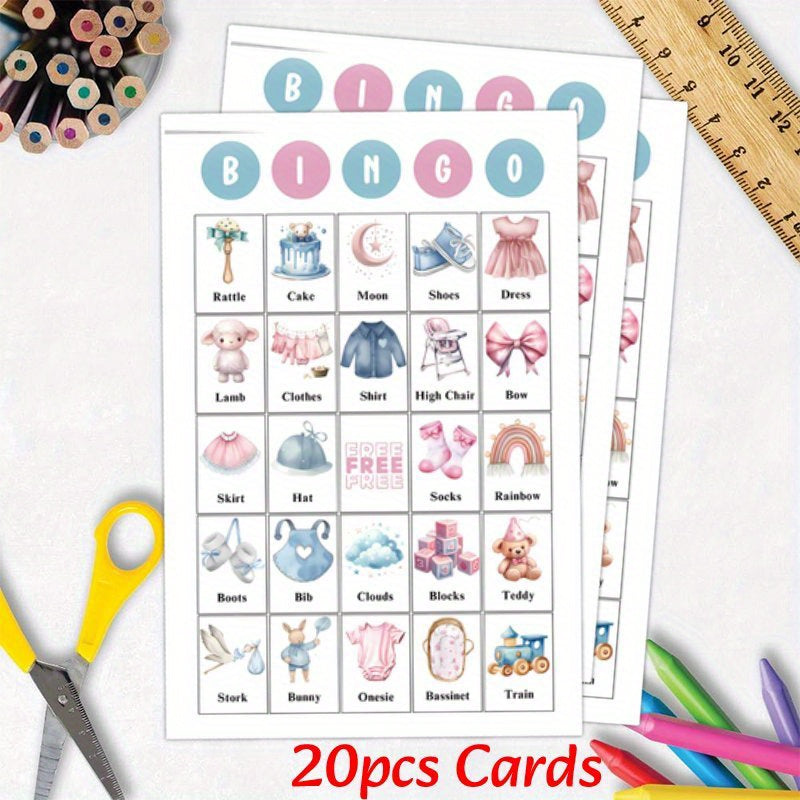 Set of 20 Baby Shower Bingo Cards - Fun Gender Reveal Party Game, Perfect for Engaging Family and Friends, Featuring Blue and Pink Designs