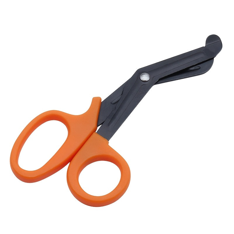 Stainless steel safety scissors with black coating, sharp for various outdoor uses, hand-friendly.