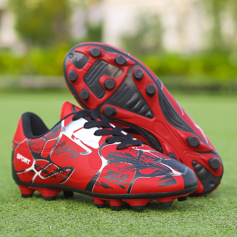 Kids' Red & Black Geometric Soccer Cleats, Spiked Sole for Grip, Breathable Design, Lace-Up Football Shoes for All Seasons.