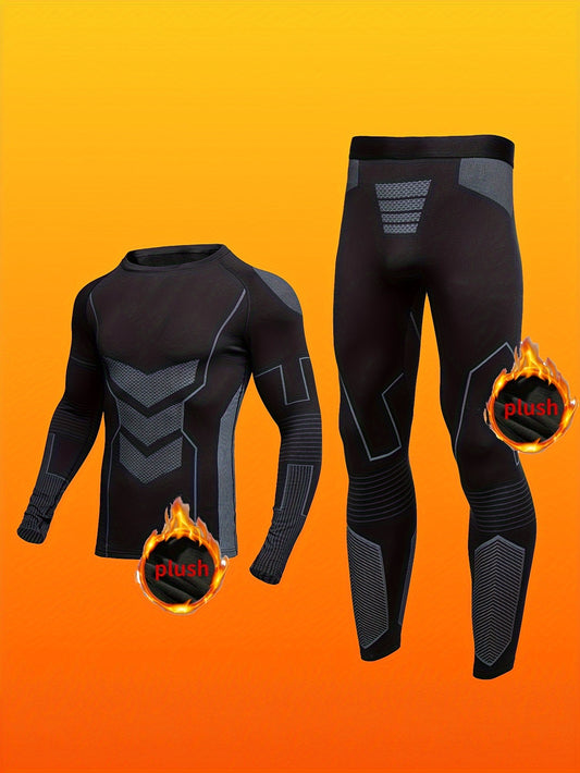 Men's thermal underwear set made of a polyester/spandex blend with tight-fitting, breathable, quick-drying knit fabric for daily wear in autumn/winter.