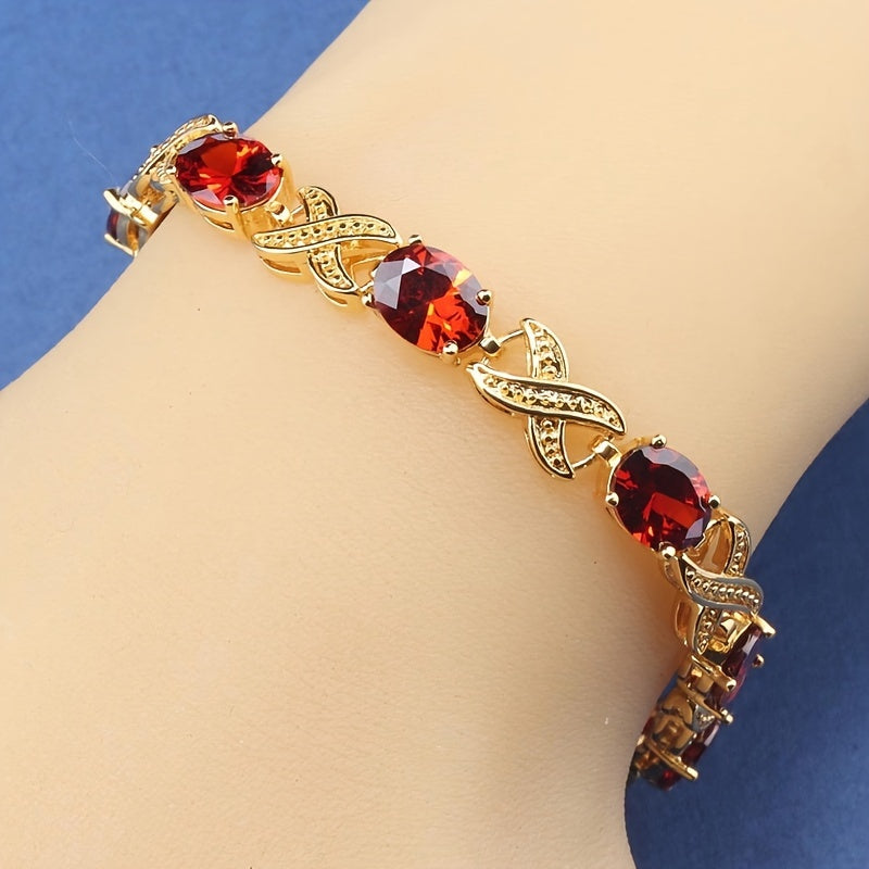 Classic Tennis Bracelet with Multicolor Synthetic Cubic Zirconia in 18K Gold Plating, featuring Elegant Copper Link Chain. This Fashion Jewelry for Women makes for the perfect Valentine's Day or Festival gift. Style: Simple and Timeless.