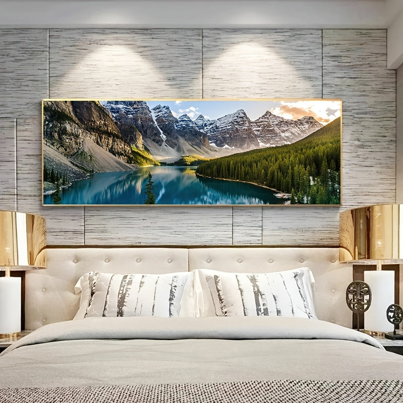 Canvas painting of Lake Forest mountain scenery for living room or bedroom decor, size 49.99*149.99cm, frame not included.