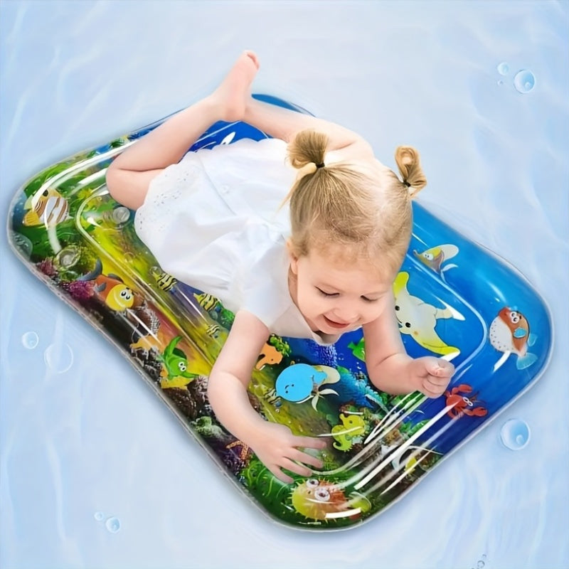 Blue PVC Inflatable Tummy Time Water Play Mat featuring 6 Floating Sea Creatures, Perfect for Sensory Stimulation for Infants 3-12 Months - Great Holiday Gift for Halloween, Thanksgiving, and Christmas