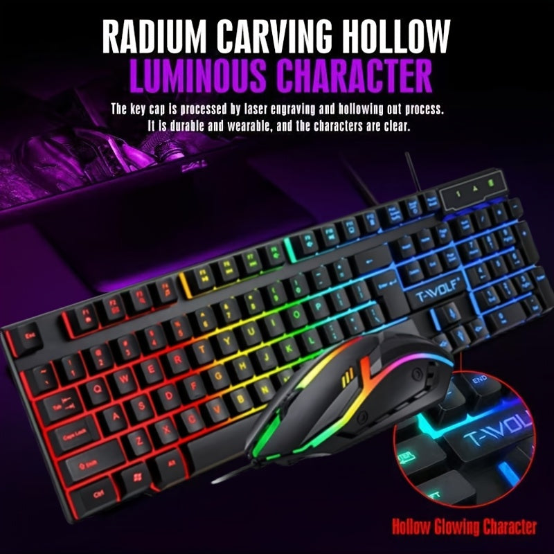 New TF200 gaming keyboard and mouse set with ergonomic design, optical movement detection, cool light effect, mechanical touch suspended key cap, wired, and quick function keys for personal