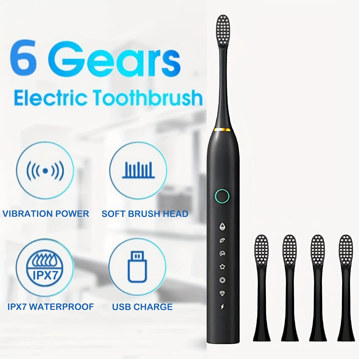 Rechargeable USB electric toothbrush with 6-speed vibration and 28000 VPM power, includes 4 or 8 special soft brush heads for adults.