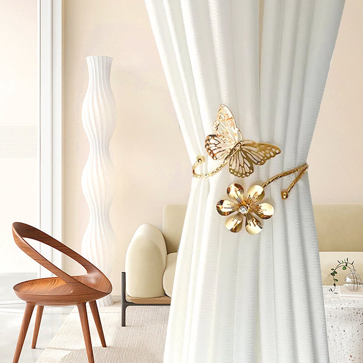 Add a touch of elegance to your home decor with these modern minimalist curtain tiebacks. Crafted in a golden/silvery butterfly and flower design, these adjustable holders can be easily installed without drilling. Perfect for the living room, bedroom, or