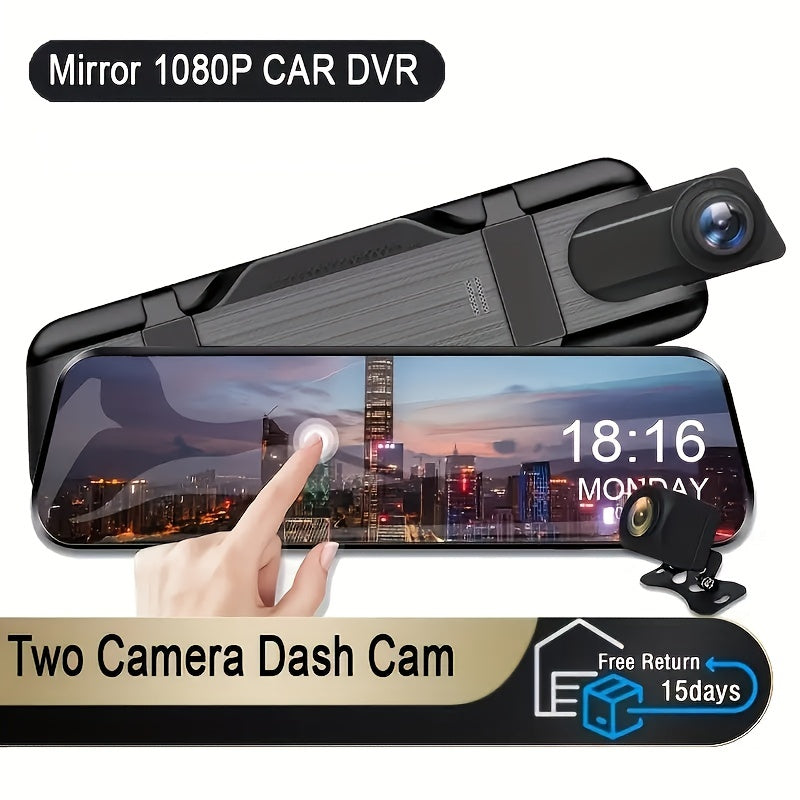 ZKCAMSPY 1080P front and 720P rear camera mirror DVR with touch screen. Magnetic mount, lithium-polymer rechargeable battery, 27.5FPS, 5V car plug power mode. Includes universal driver's