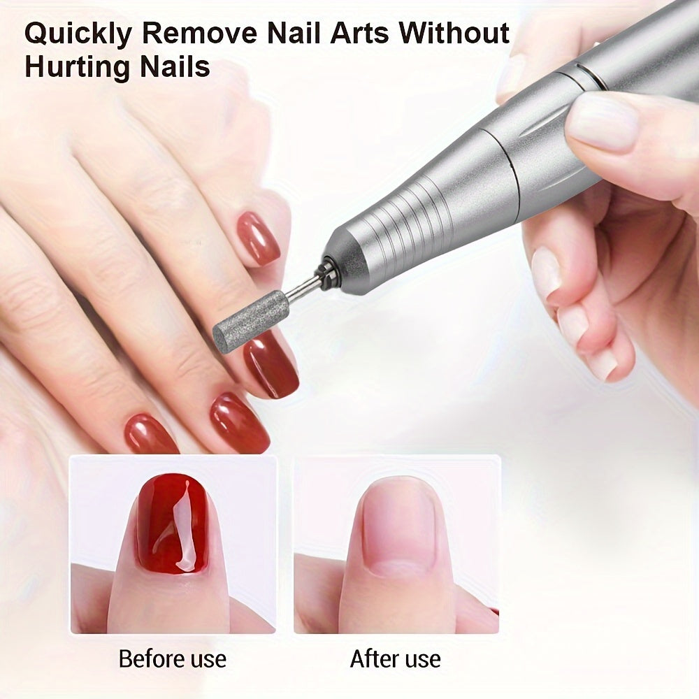 High-speed electric nail drill for professional manicures and pedicures, includes HD display and accessories for polishing and cuticle removal.