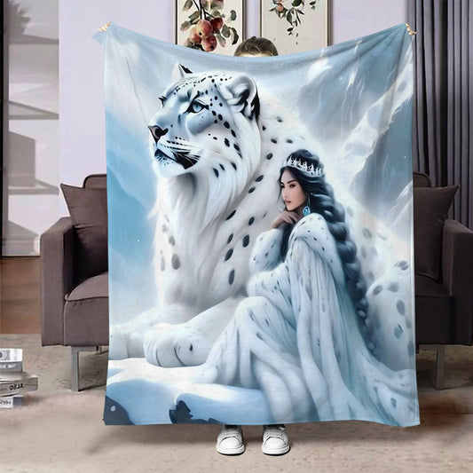 Modern Leopard and Woman Design Flannel Fleece Blanket - Hypoallergenic, Easily Washable, Versatile Polyester Bedding for Living Room, Couch - Perfect All-Season Gift Blanket with Musical Theme, 1 Piece