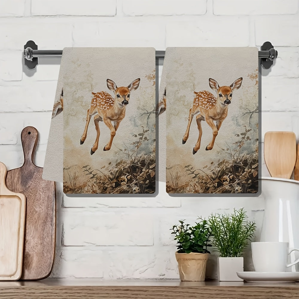 This set includes 2 ultra-soft kitchen towels showcasing a young fawn joyfully exploring its surroundings. These highly absorbent dish towels are ideal for holiday decor, can be easily washed in a machine, and measure 40.64X60.96 cm.