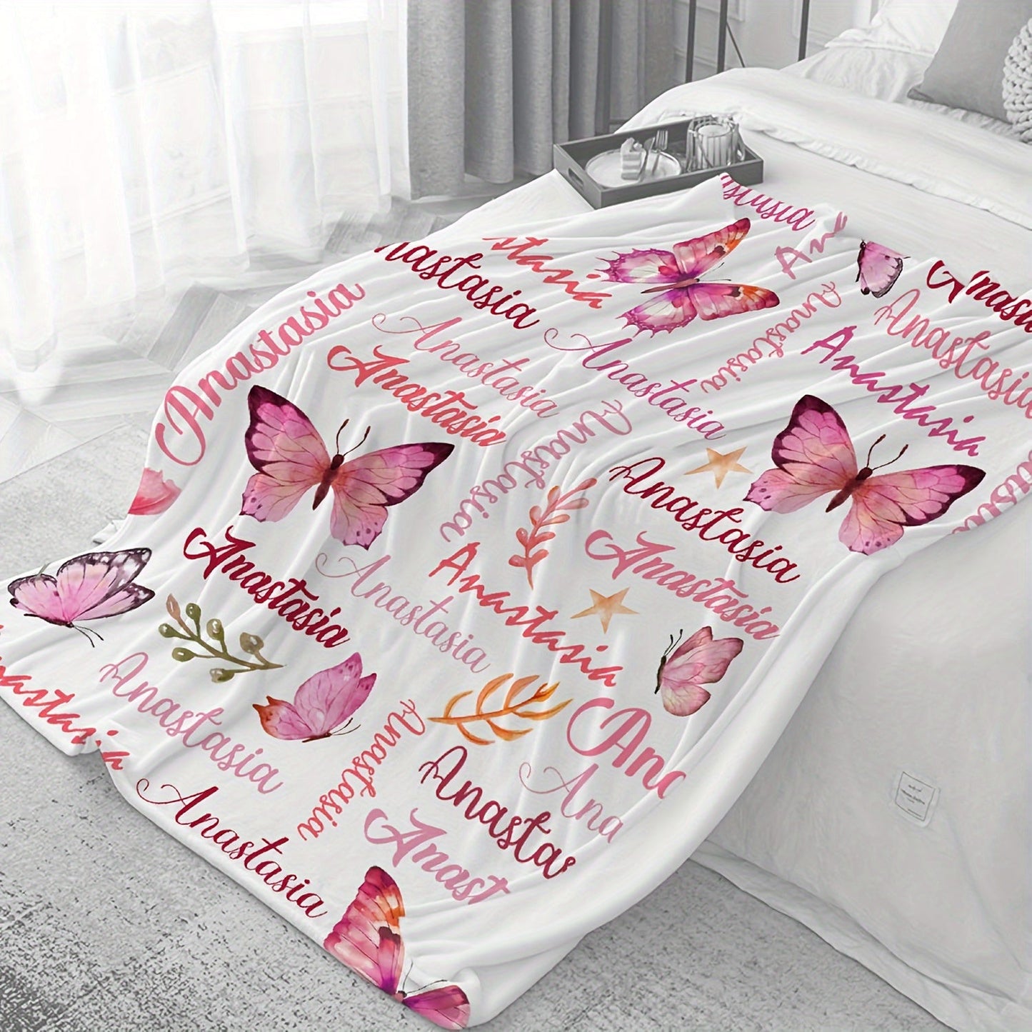 Personalized Anastasia Butterfly Throw Blanket - Soft Flannel Fleece for Sofa, Bed, Travel, Camping, Living Room, Office - Machine Washable, Hypoallergenic, All-Season Multipurpose Knitted Polyester - Modern Digital Print Design