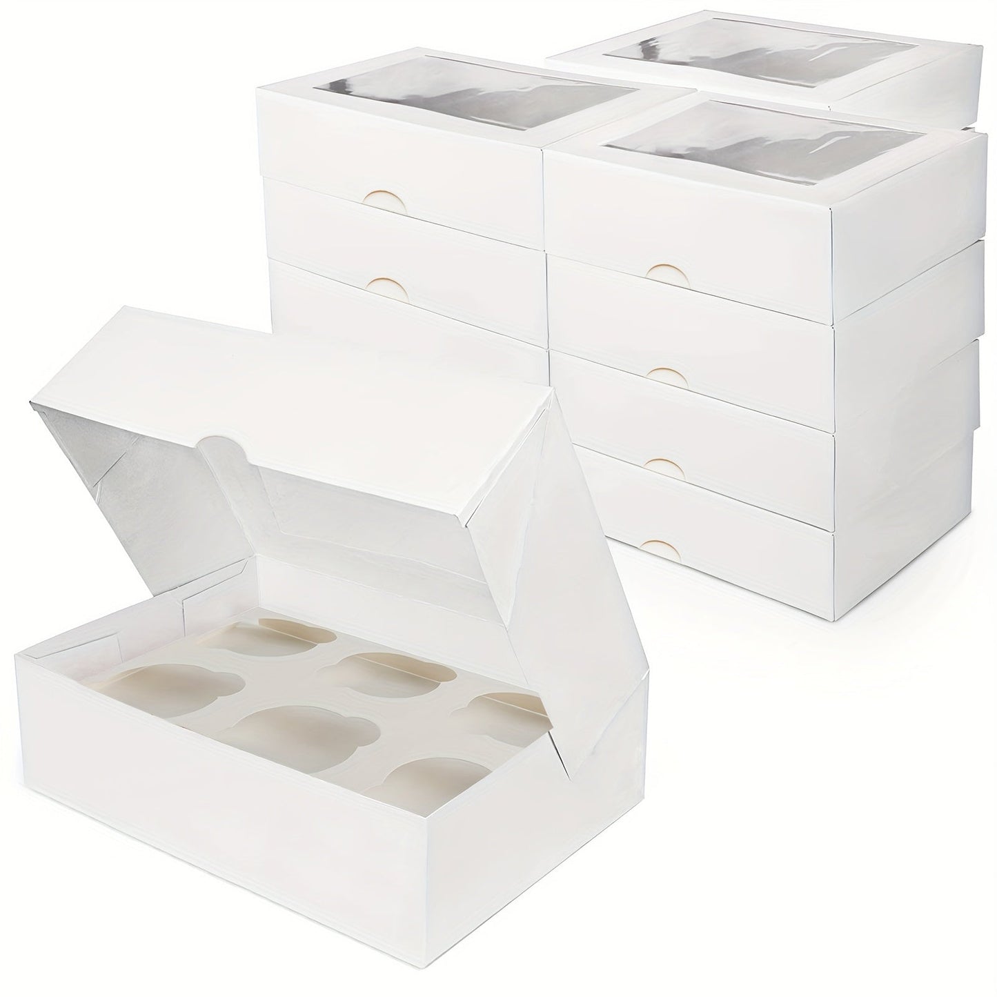 Pack of 6 Cupcake Containers in White Kraft Bakery Boxes with Clear Window and Holders, Ideal for Packaging Baked Goods such as Donuts, Cookies, Muffins, and Chocolate Bombs. Perfect for Weddings, Baby Showers, Birthdays, Graduations, and Favors. Size