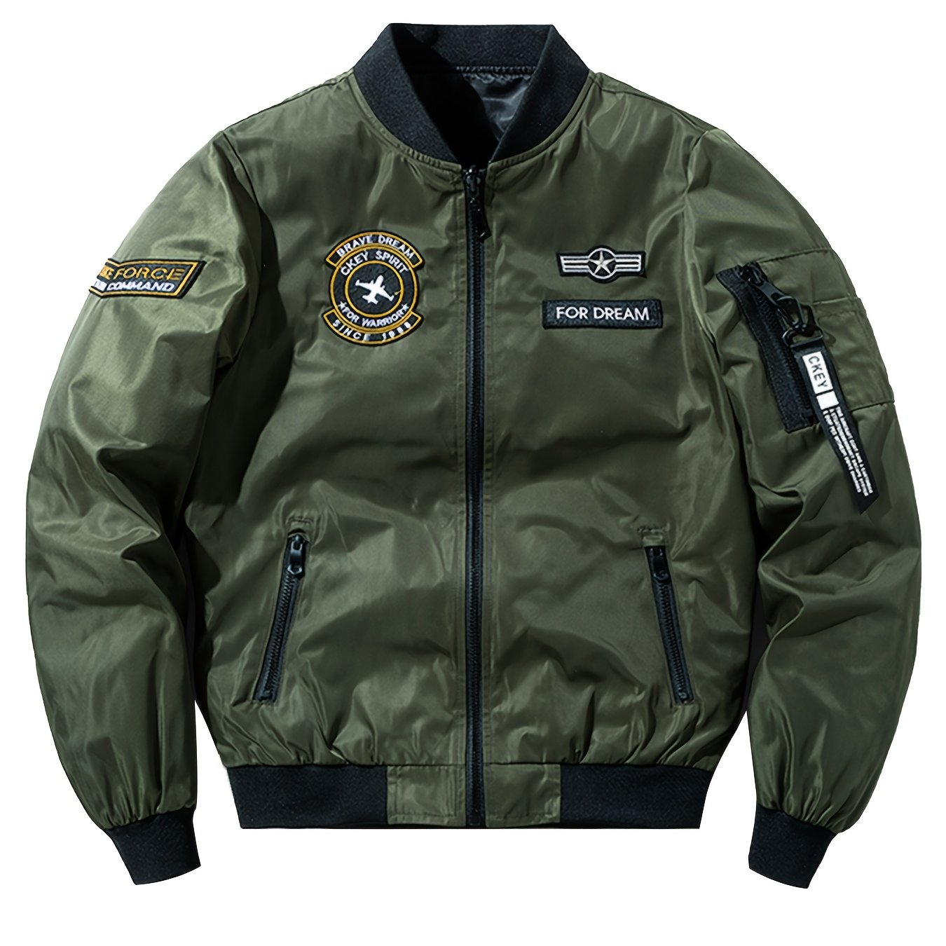 Men's bomber jacket with embroidered "FORCE" patch, windproof and warm polyester construction, zip-up design, ideal for spring and fall casual wear.