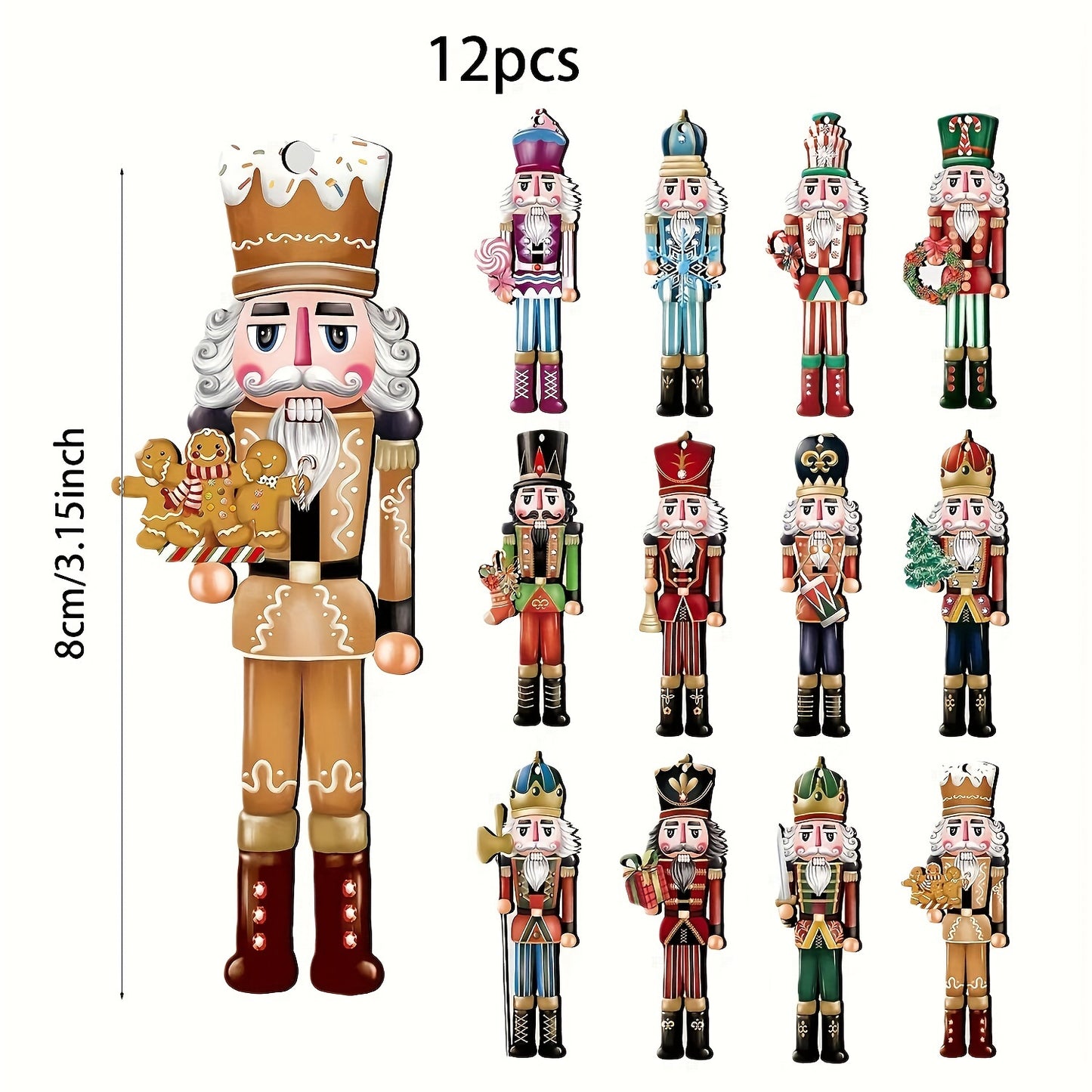 Set of 12 Nutcracker Wooden Ornaments - Traditional Christmas Decor for Parties & Home