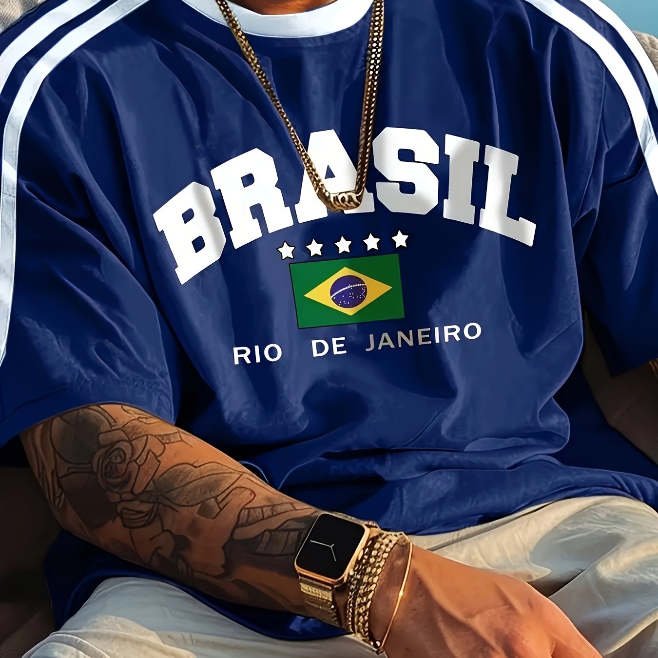 1pc Brazil-inspired men's casual short sleeve T-shirt with digital print, crew neck, polyester knit fabric with stretch, ideal for summer activities and daily wear.