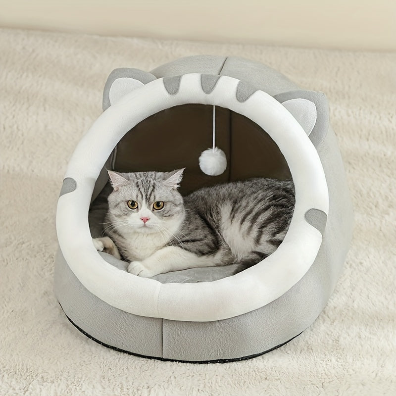 Cozy cat-shaped bed with soft polyester fiber, breathable and comfortable for all seasons. Suitable for small to large cats.