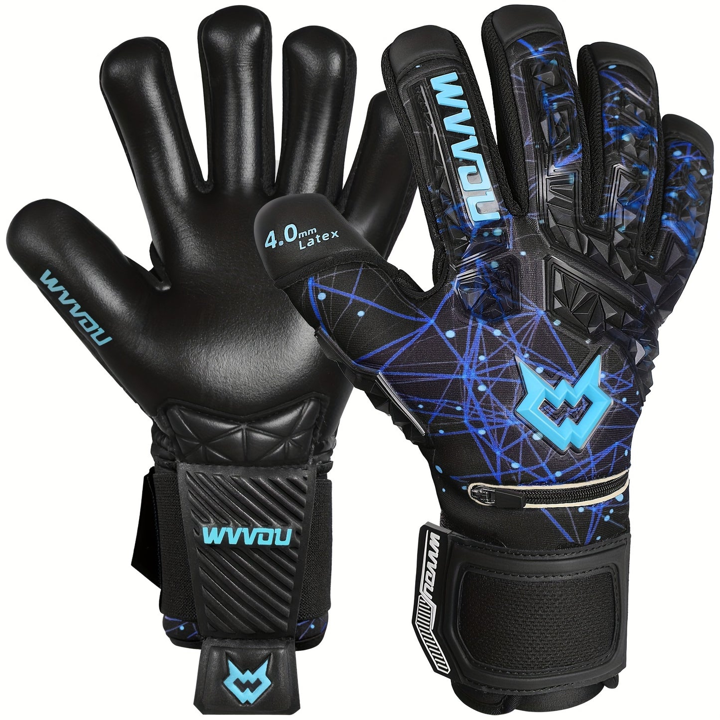 High-performance soccer goalie gloves with detachable finger saves and a sticky latex palm.