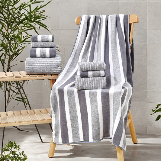 8-piece combination square towel bath set includes 4 square towels (30x30cm), 2 towels (35x75cm), and 2 large bath towels (70x140cm) in various colors and striped design. Highly absorbent, quick drying, and soft towels suitable for bathrooms, showers