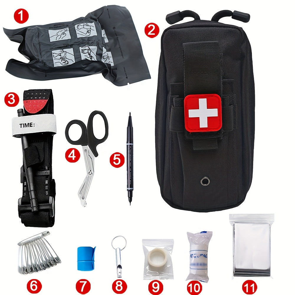 Emergency outdoor adventure equipment set with medical bag, first aid survival kit, tourniquet bag, and camping supplies.