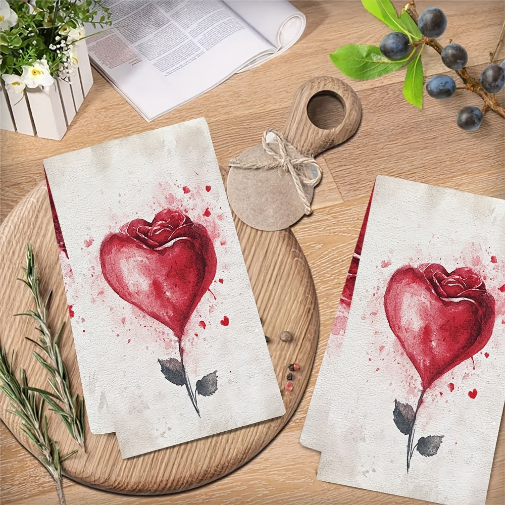 Valentine's Day-themed Kitchen Towels - Set of 2, Ultra Soft with Heart & Rose Design, Highly Absorbent, Machine Washable, 40.64x60.96 cm - Ideal for Romantic Home Decor and Dish Drying.