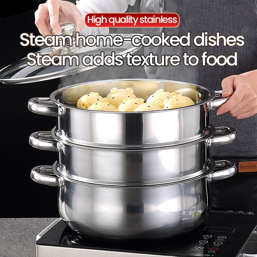 Stainless Steel Steamer Set with 4 Pieces: Quick Cooking Pot, Large Capacity Stackable Steamer with 1 Thick Soup Pot, 2 Tier Steaming Baskets, and 1 Lid. One Pot for Steaming and Cooking, Anti-Scald Handles, Easy to Clean, Suitable for All Stove Types.