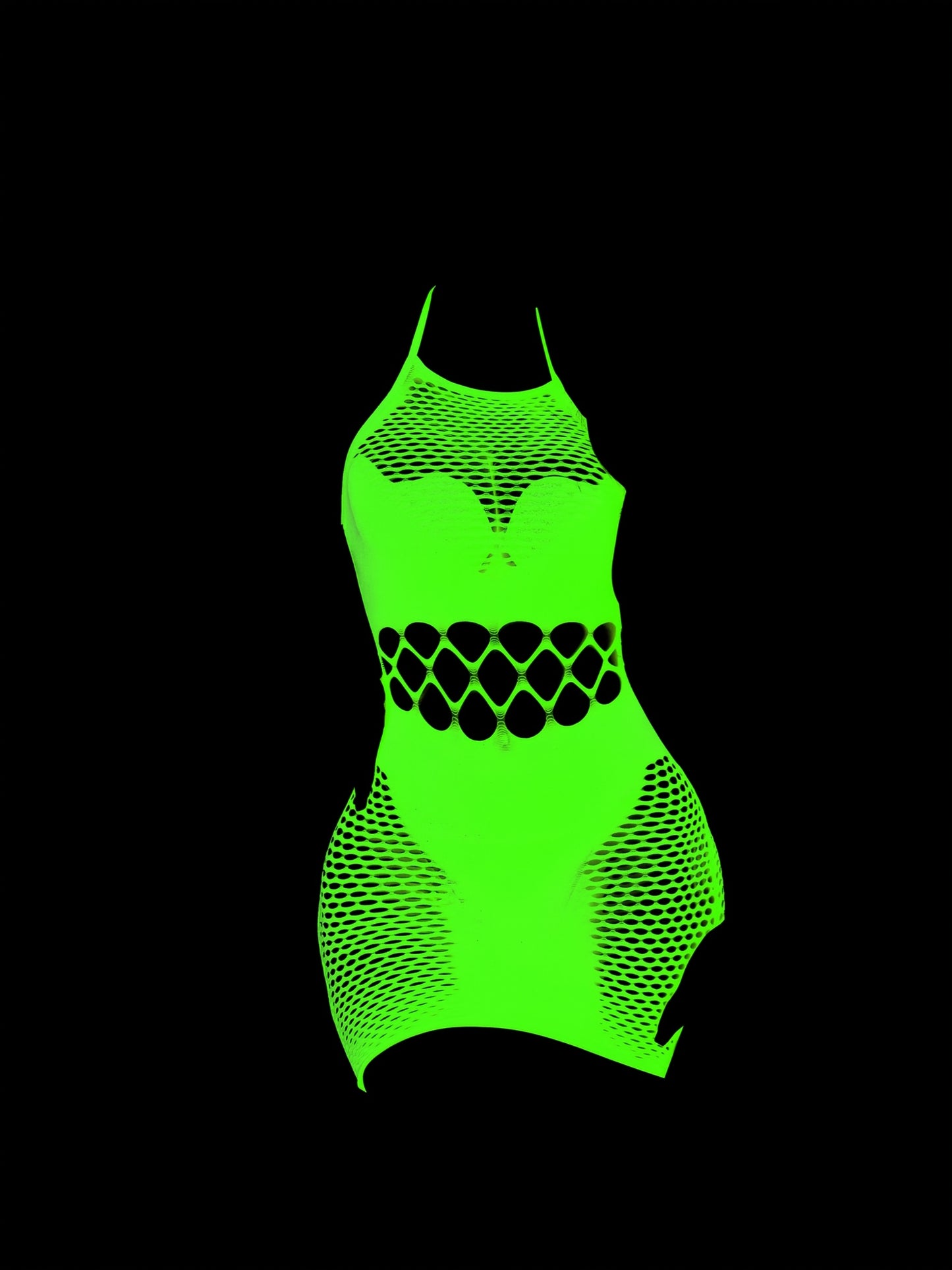 Plus-size glow-in-the-dark lace fishnet dress lingerie with see-through halter design.