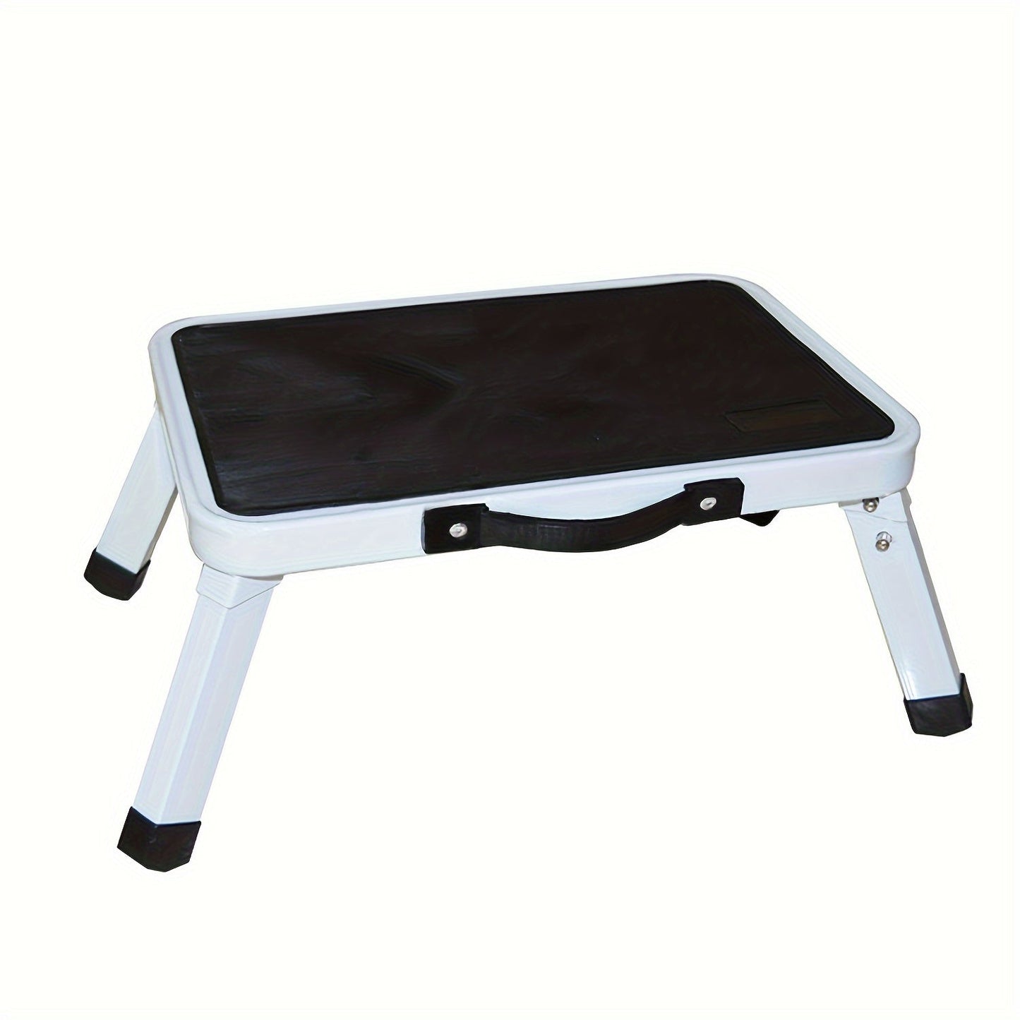 Black 1pc Foldable Step Stool featuring a portable handle for use in offices, kitchens, and homes. Can also be utilized as a lightweight folding footstool, a small home stool, an RV stool, and a four-legged ladder stool.