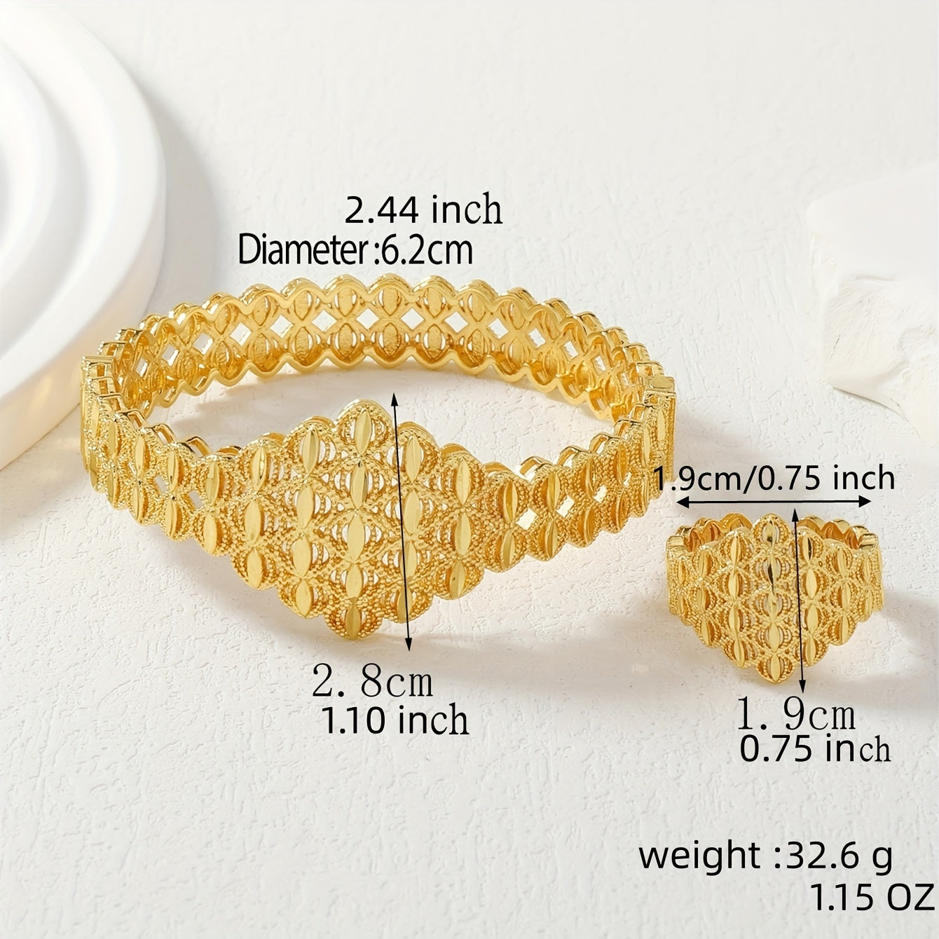 Ethiopian Style Jewelry Set: 24K Gold Plated Copper Bracelet and Ring, Perfect Wedding Accessory for Women, Great Gift for Mother or Girlfriend, Versatile for Everyday or Holiday Wear, Lovely Ramadan Present