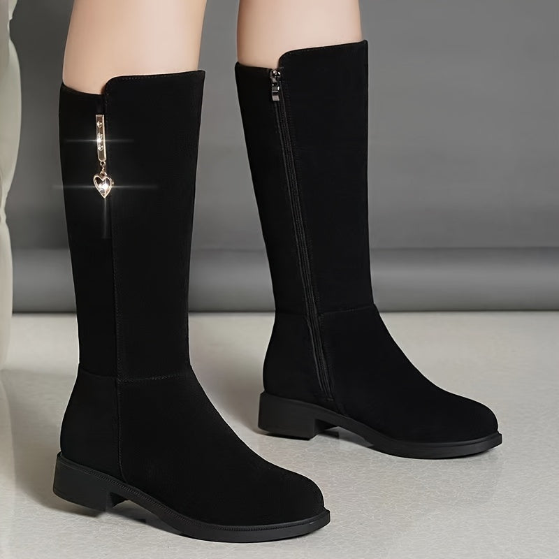 Winter knee-high boots for women with faux fur lining, low heel, rubber outsole, and soft fabric insole, ideal for casual and stylish outings.