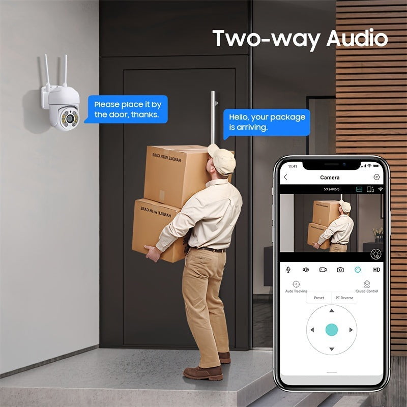 Experience the ultimate in home security with the Teruhal Smart Home Security Camera. This WiFi enabled camera is waterproof and features auto-tracking with audio, full color day and night vision, AI human detection, two-way audio, 360° panoramic view