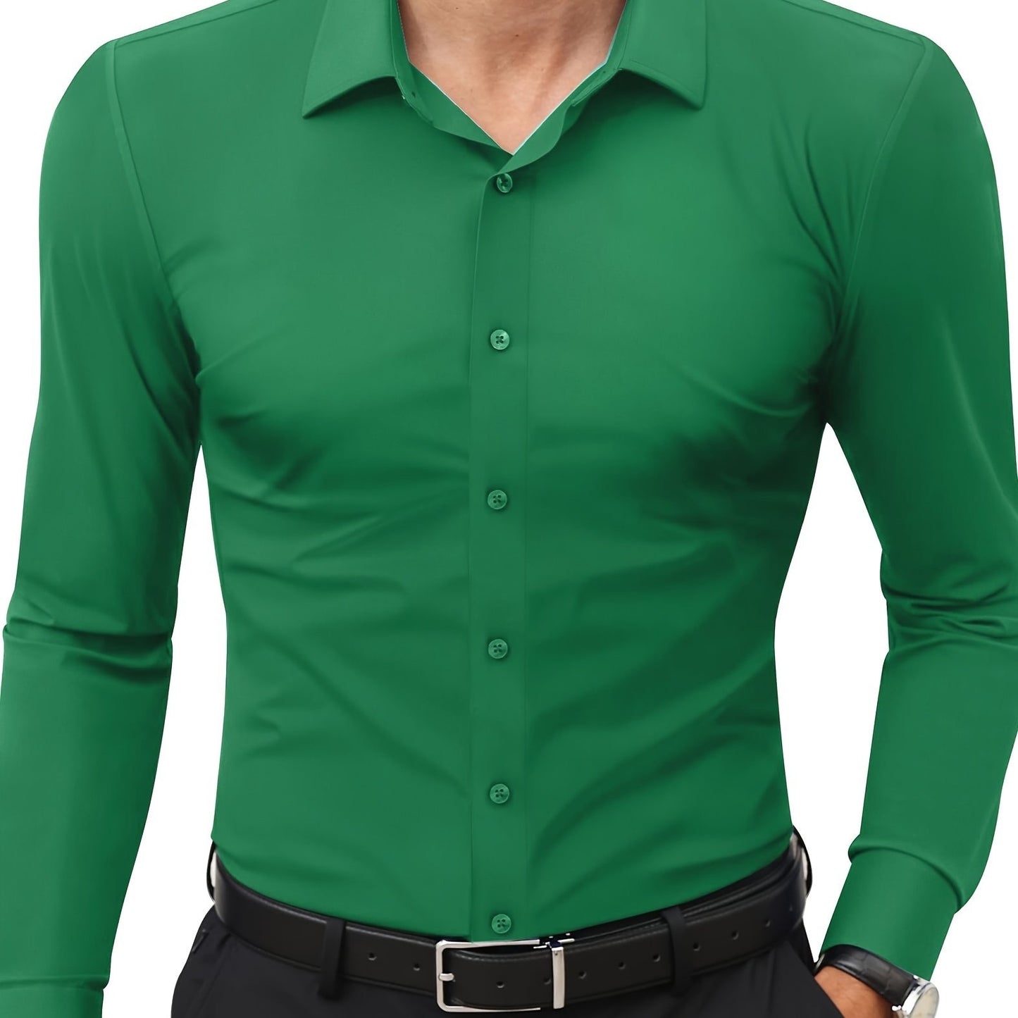 Slim fit long sleeve shirt for men made of 55% cotton, 40% polyester, and 5% spandex. Solid color with lapel collar, button-up closure, and all-season wear. Casual weekend wear, woven