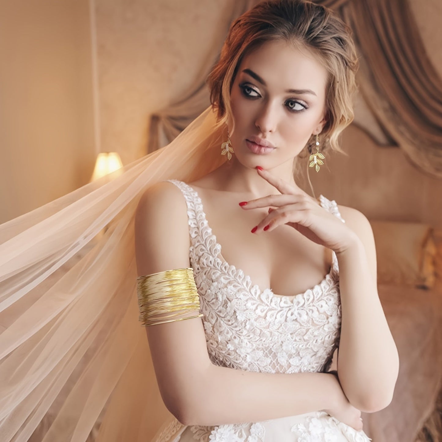 Ensemble of Greek Goddess-Inspired Costume Accessories, Featuring a Leaf-Shaped Crown, Headband, Bracelet, Earrings, and Bridal Tiara