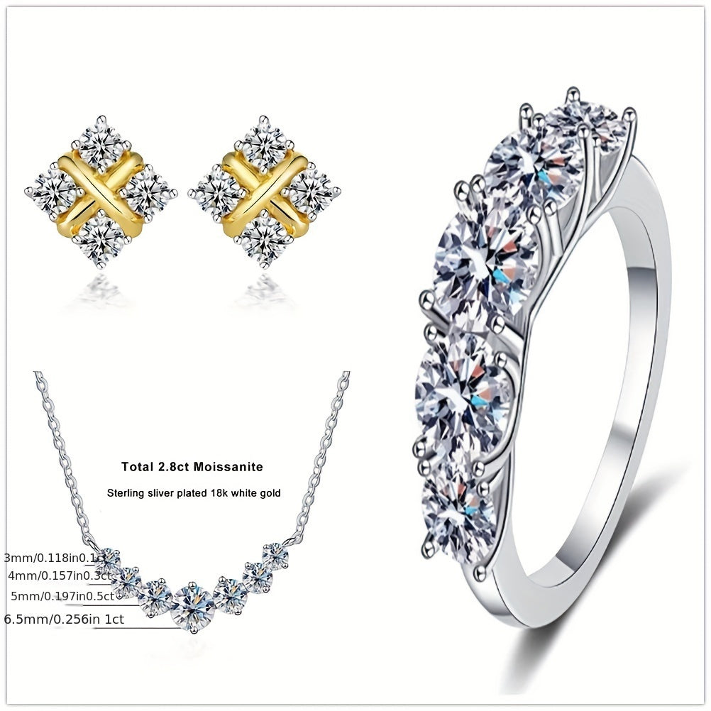 Luxurious 4-Piece Jewelry Set featuring a 7.2ct Total Moissanite Necklace Pendant, Earrings, and Ring - made with 925 Sterling Silver. Perfect Holiday-Themed Gift Set for Weddings, Christmas, Anniversaries. Comes in a beautiful Gift Box.