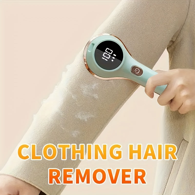 Portable fabric shaver with digital display, USB rechargeable and 3-speed adjustable, for clothes and furniture.