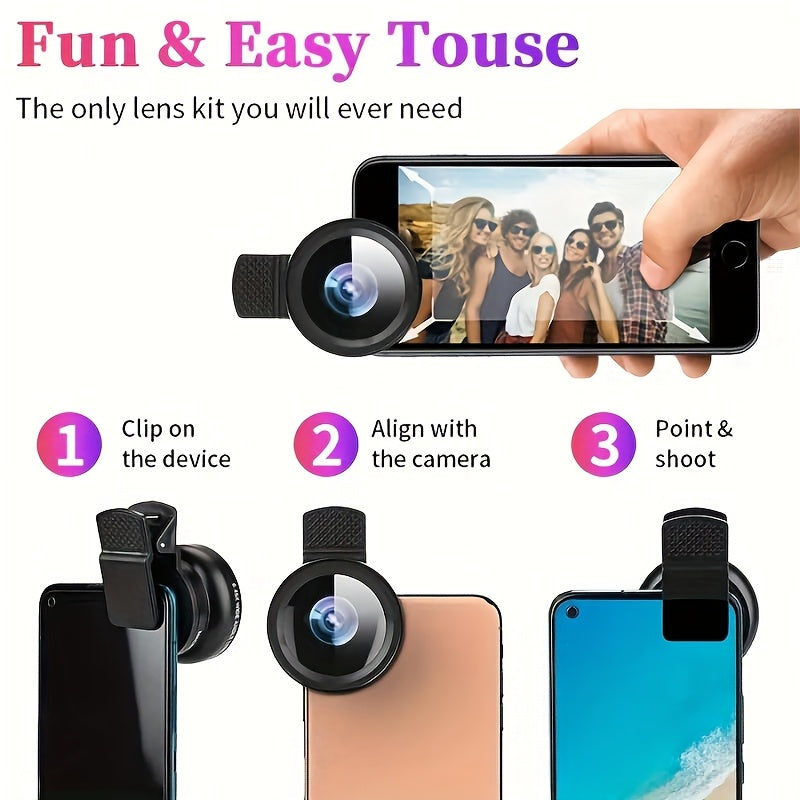 Ultra-wide angle and macro lens with optical zoom for smartphones, SLR, and external cameras, includes smartphone clip and portable PVC kit.