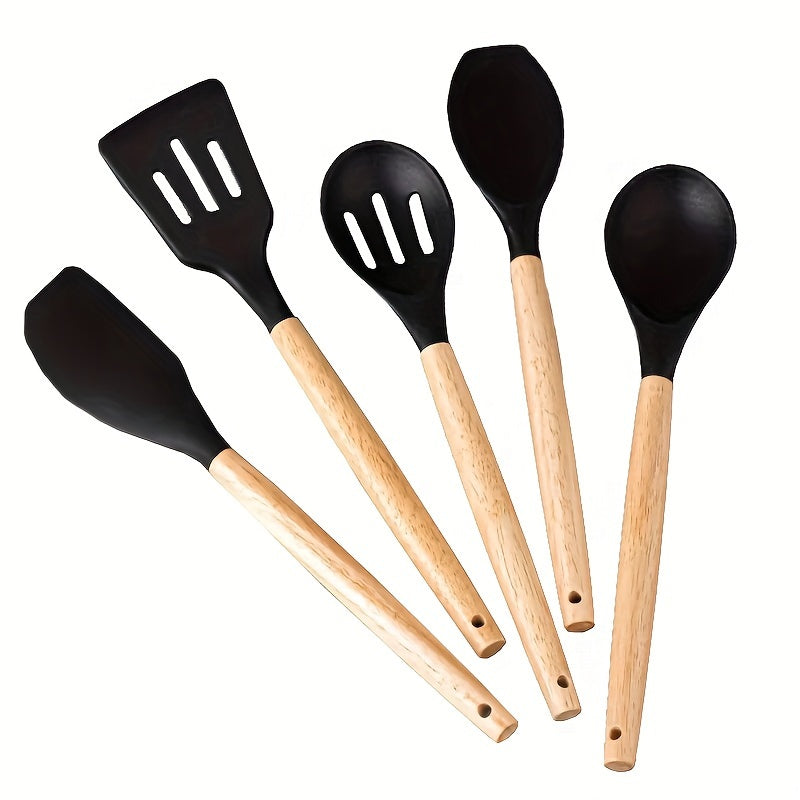 Set of 5 Kitchen Utensils with Non-Stick Coating and Wooden Handles - Ideal for Frying, Grilling, and Cooking at High Temperatures up to 400°F