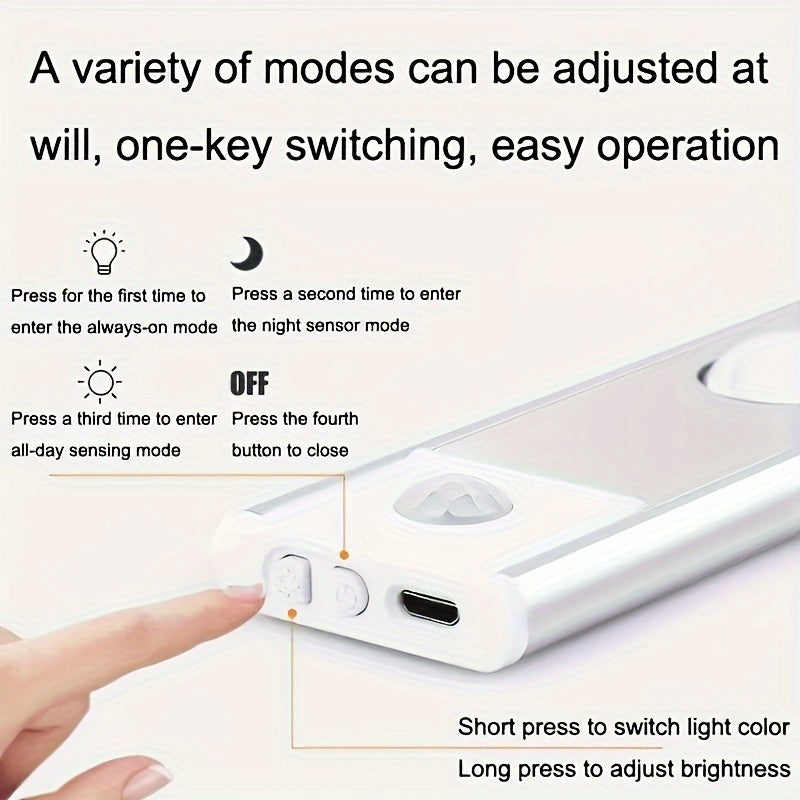 Rechargeable infrared sensor light strip with LED, magnet, and self-adhesive; wire-free for various applications.